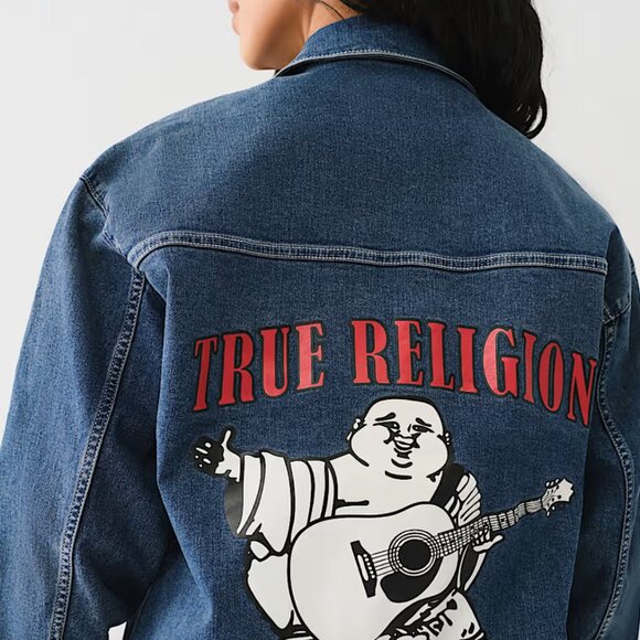 True Religion Women's NWT Printed Oversized Denim Jacket Size L - Picture 1 of 16